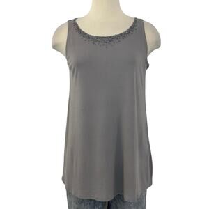 Eileen Fisher Silk Tunic Tank Top Sequined Neckline Gray Sleeveless L Petite